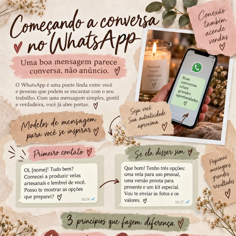 Página do guia com modelos de mensagem de WhatsApp para a primeira venda
