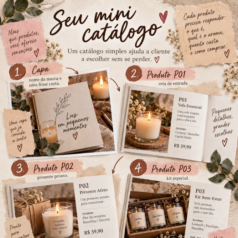 Página do guia com o modelo de mini catálogo de velas