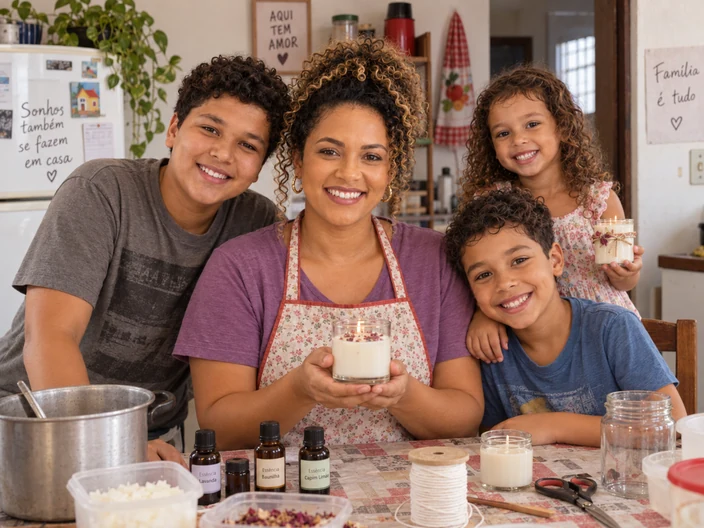 Mãe e filhos na cozinha de casa com velas artesanais feitas por eles