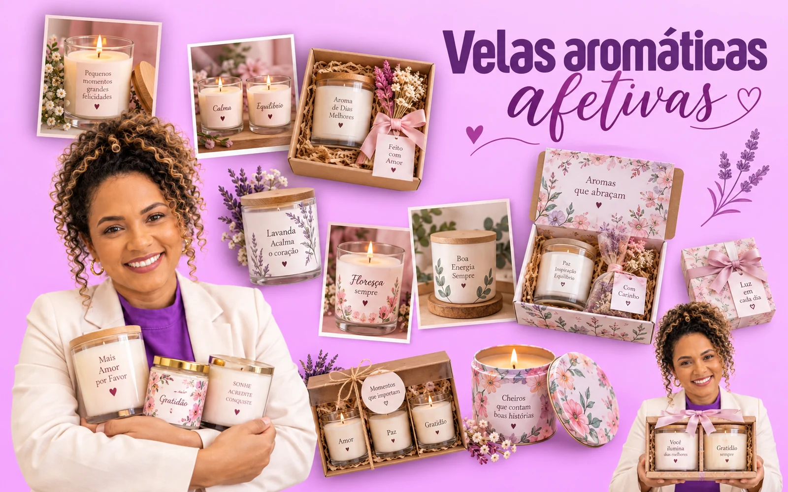 Linha de velas aromáticas artesanais Velas Aromáticas Afetivas, com kits e embalagens
