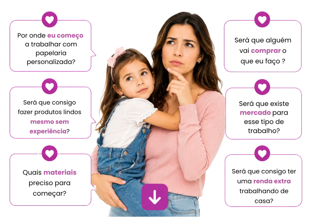 Mãe com menina e dúvidas sobre começar na papelaria personalizada — imagem indicada no print de referência