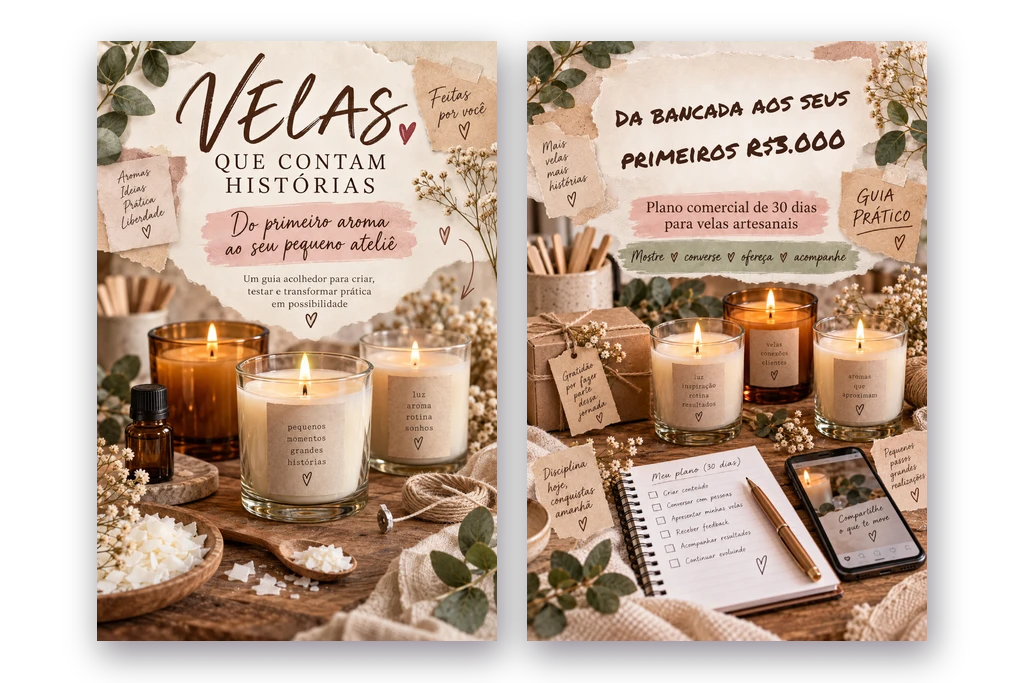 Capas dos dois guias: Velas que Contam Histórias e Da Bancada às Primeiras Vendas