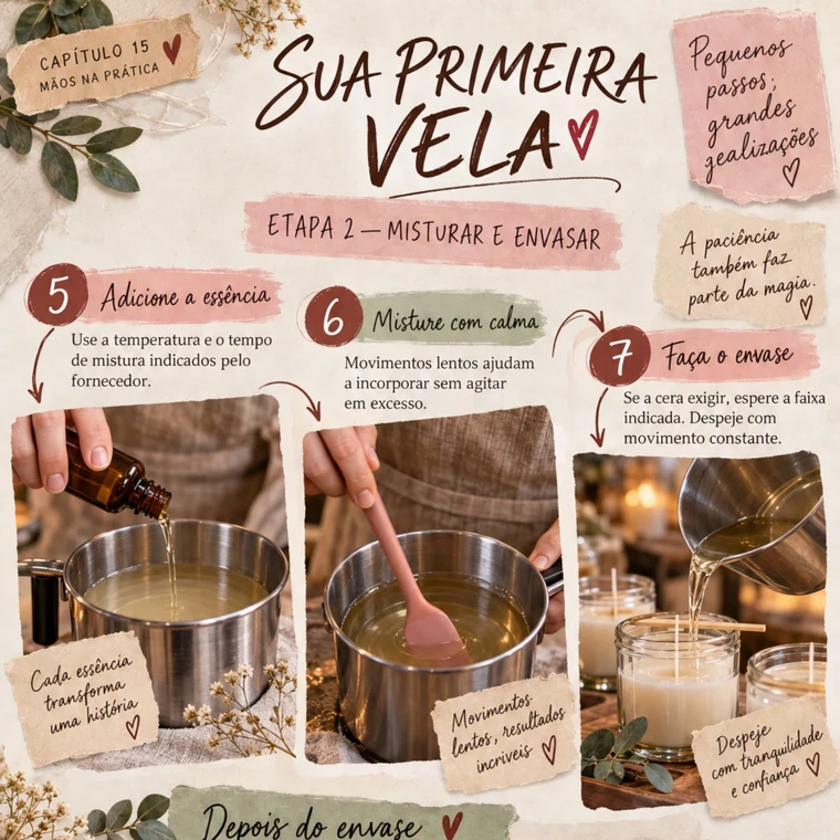 Página do ebook: Sua Primeira Vela — etapa de misturar e envasar